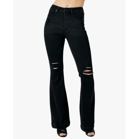 Judy Blue Denim - Judy Blue 7/28 Black Flare Jeans Distressed High Waist Black Denim NWT‎